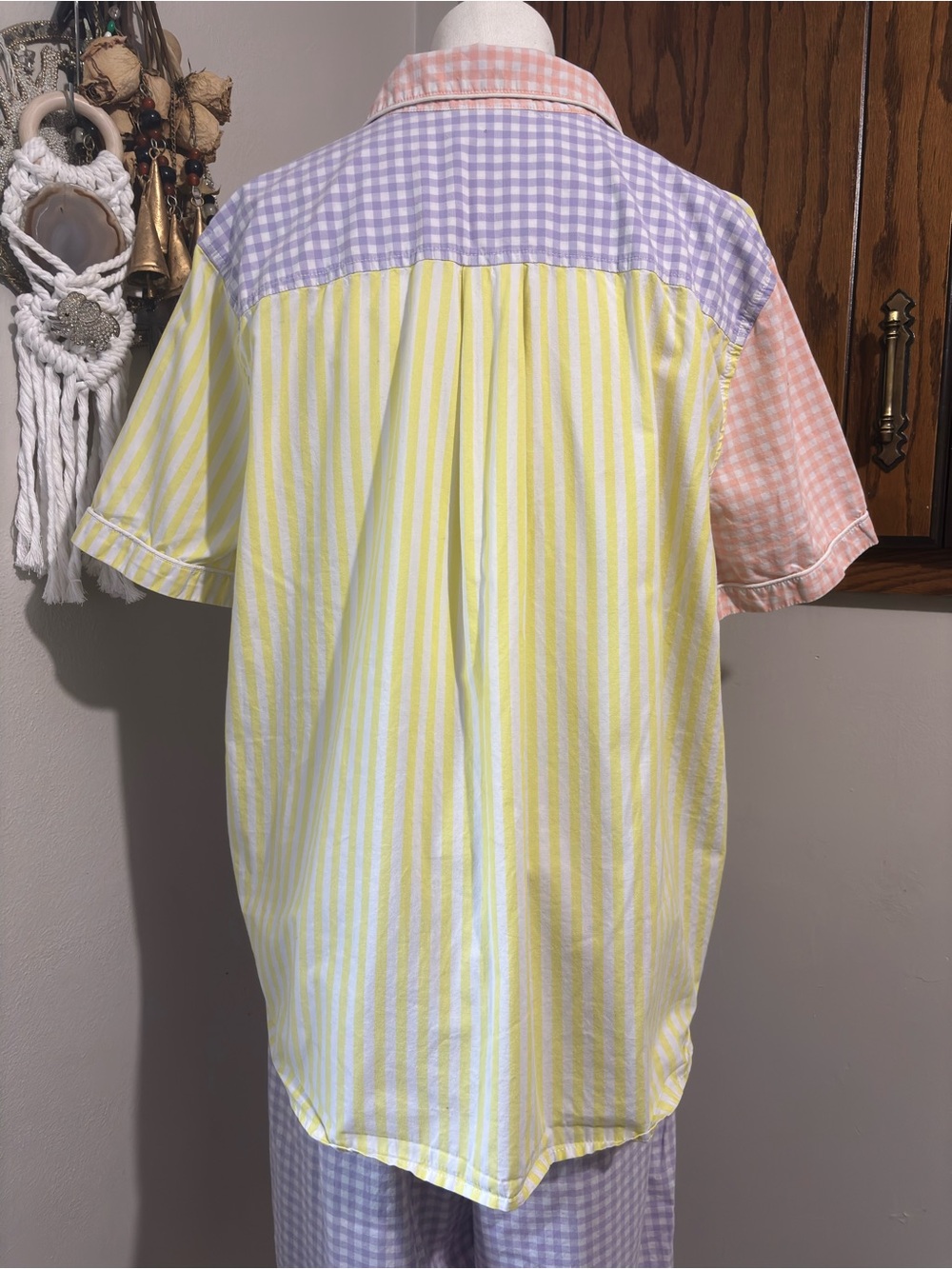Vintage Lands' End Gingham Stripe Pajama Set Large Yellow Pink Cozy 100% Cotton - Picture 6 of 14